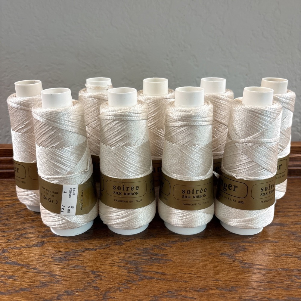 Vtg Unger Soirée 100% Silk Novelty Ribbon Yarn #3 Ivory Lot of 9 Made In Italy
